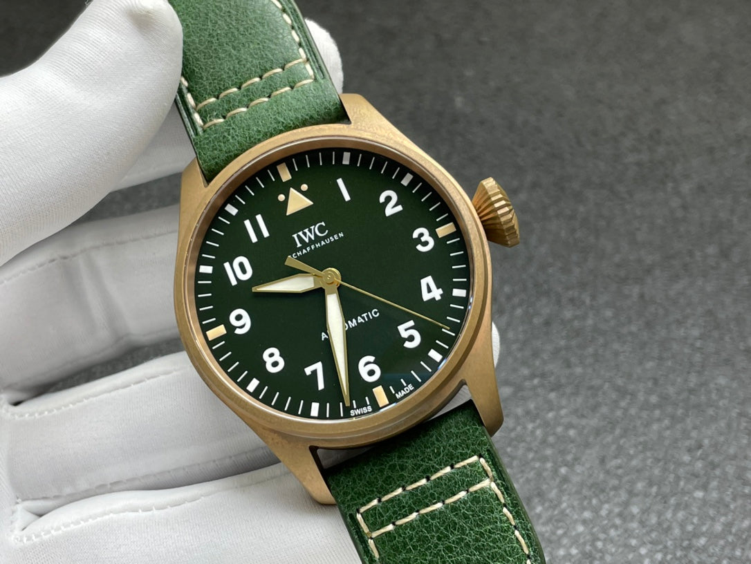 IWC Pilot Automatic Black Dial Green Strap Watch - front angle
