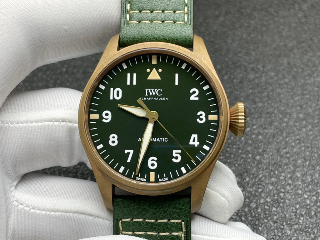IWC Pilot Automatic Black Dial Green Strap Watch - front angle