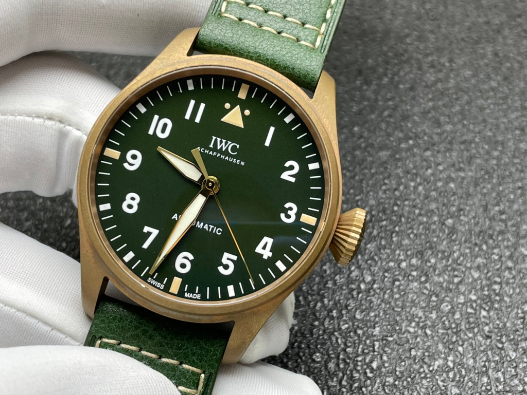 IWC Pilot Automatic Black Dial Green Strap Watch - front angle