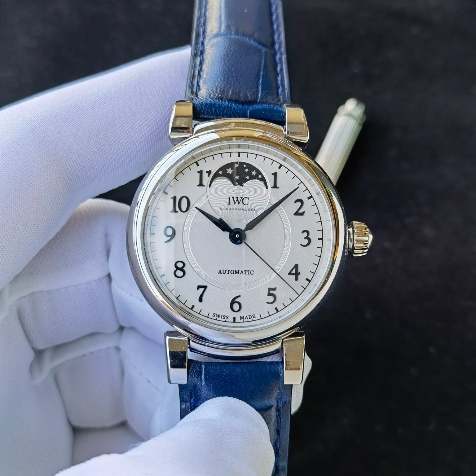 IWC Da Vinci Moon Phase White Dial Blue Strap Watch - front