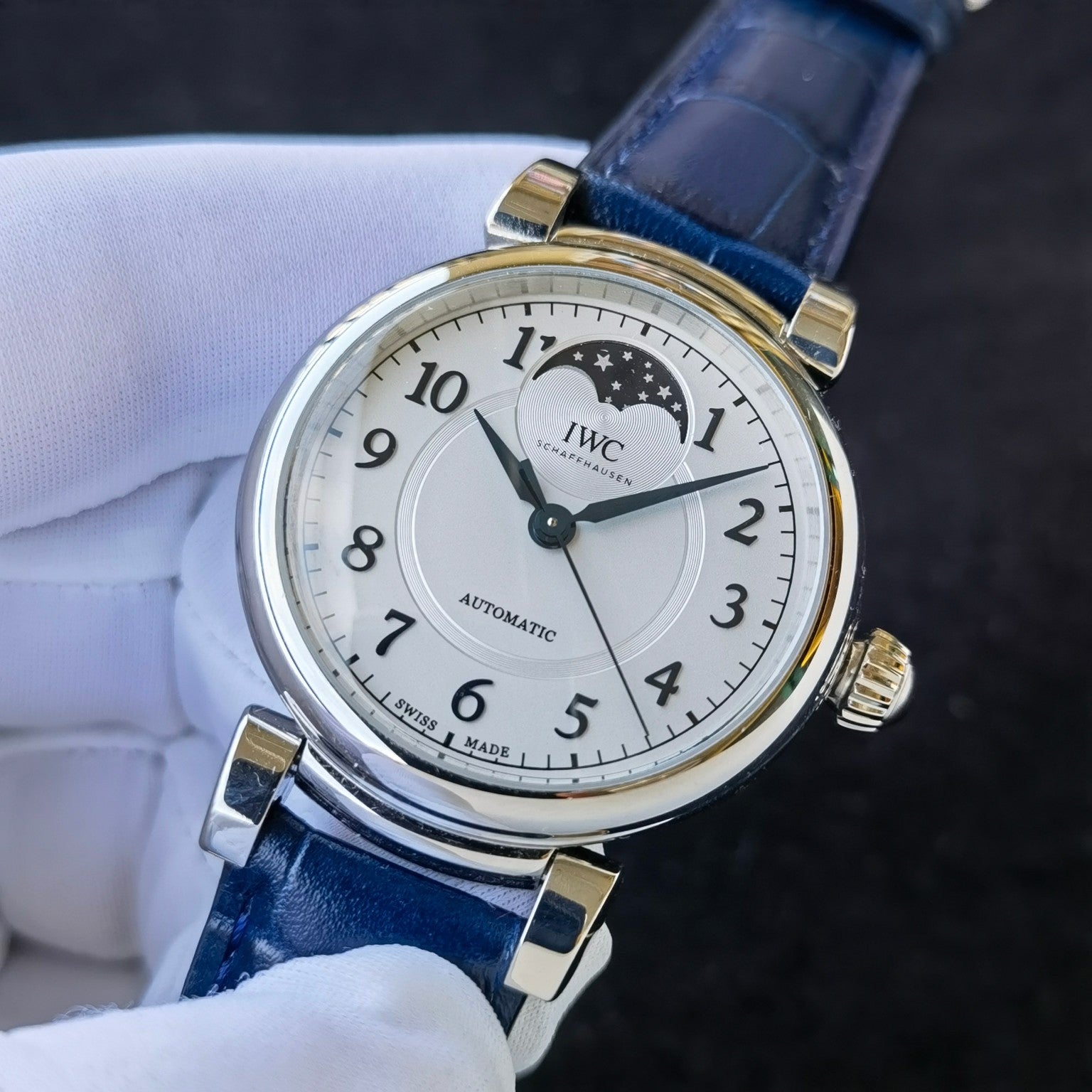 IWC Da Vinci Moon Phase White Dial Blue Strap Watch - front close