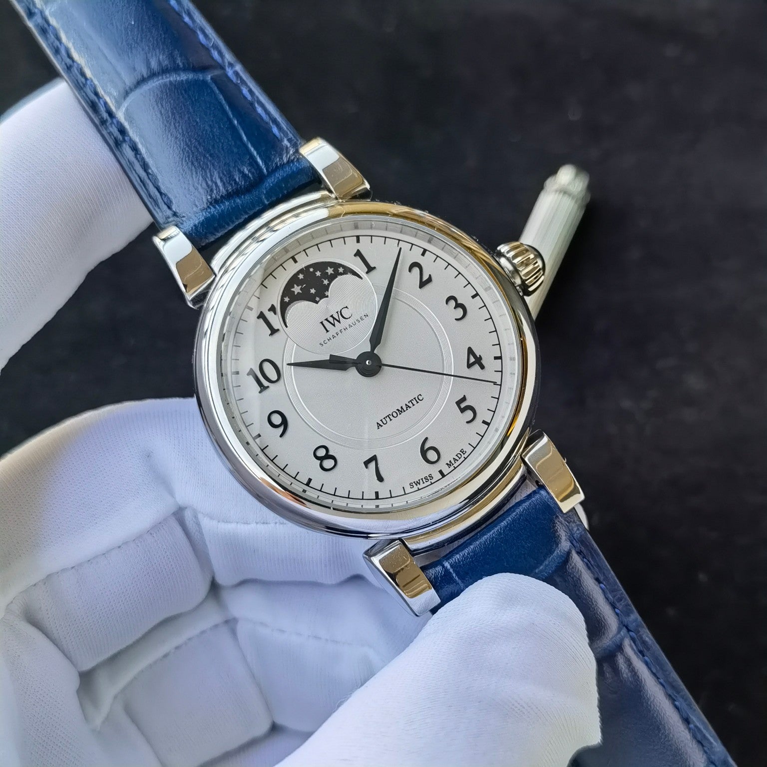 IWC Da Vinci Moon Phase White Dial Blue Strap Watch - front angle
