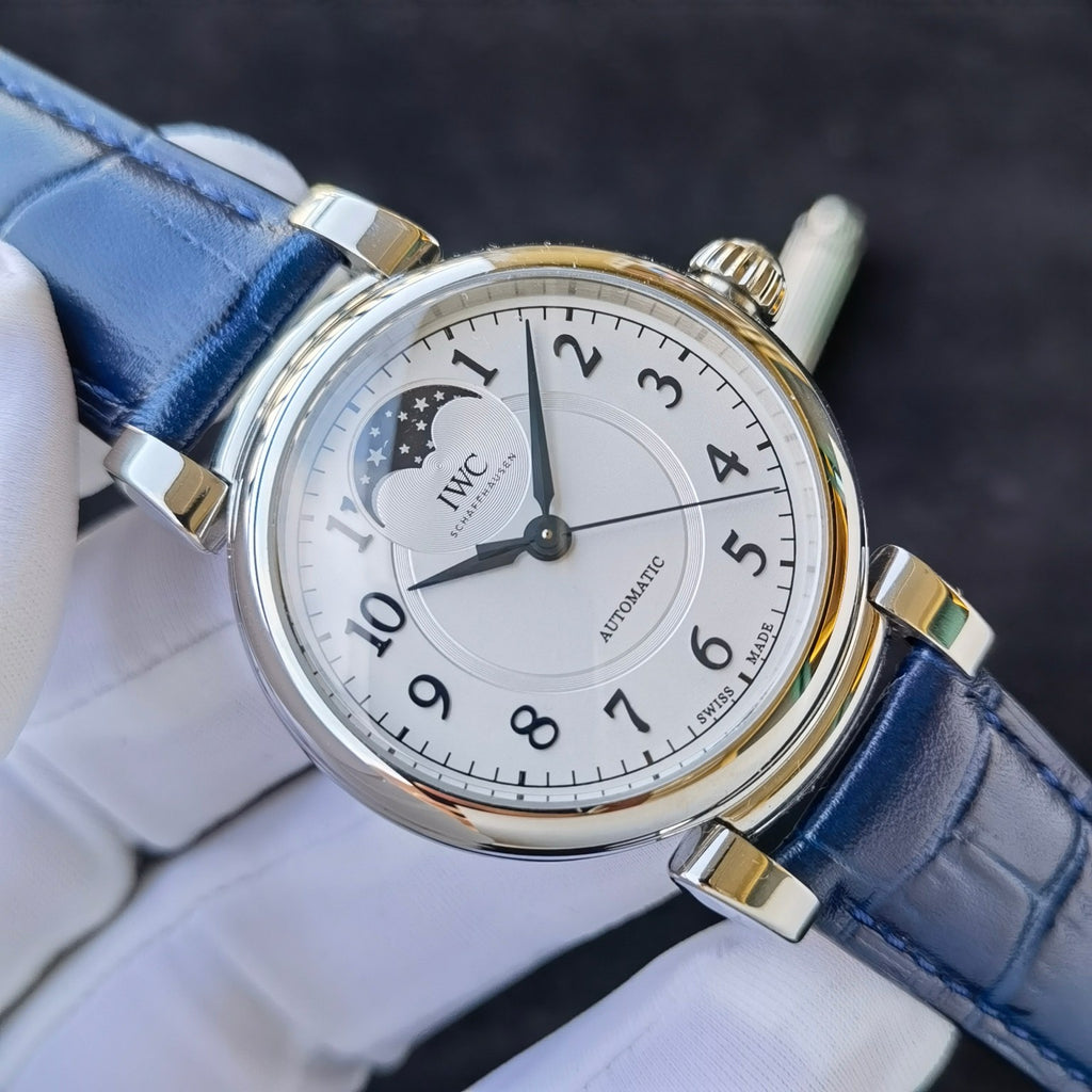 IWC Da Vinci Moon Phase White Dial Blue Strap Watch - front angle