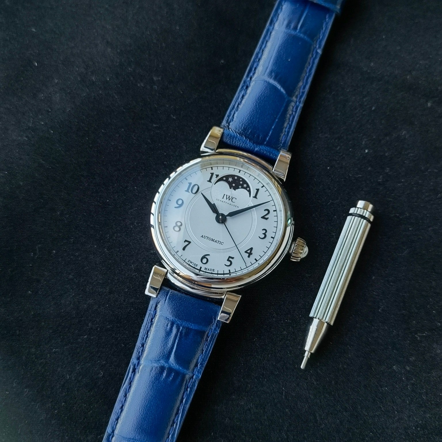 IWC Da Vinci Moon Phase White Dial Blue Strap Watch - presentation