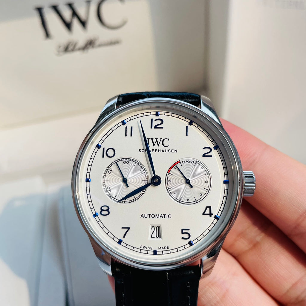 IWC Portugieser White Dial Black Strap Watch - front