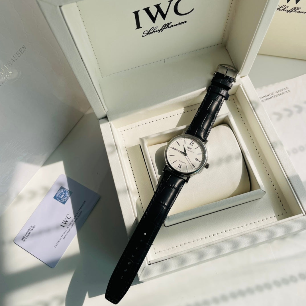 IWC Portofino White Dial Black Strap Watch - front presentation