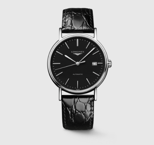 Longines Elegant 38.5mm black dial watch with black leather strap
